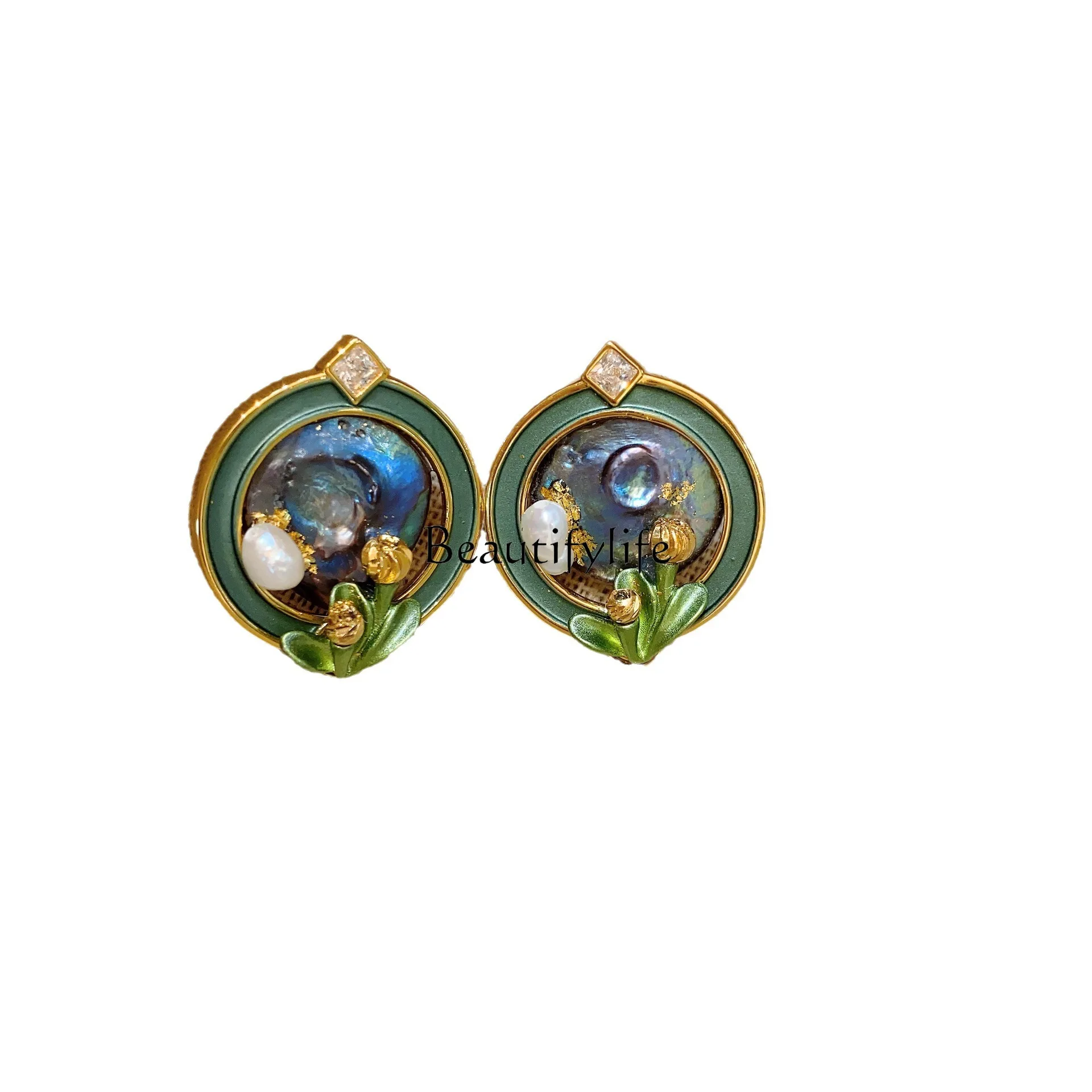 

Vintage stud earrings enamel antique French oil painting art painted flowers pearl earrings