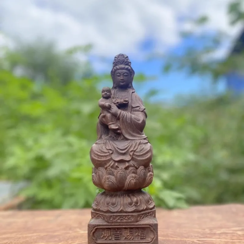 Hand Carved Wood Send Child Guanyin Statue Figurine - Fertility Blessing Kuan Yin Bodhisattva Ornament Home Temple Altar