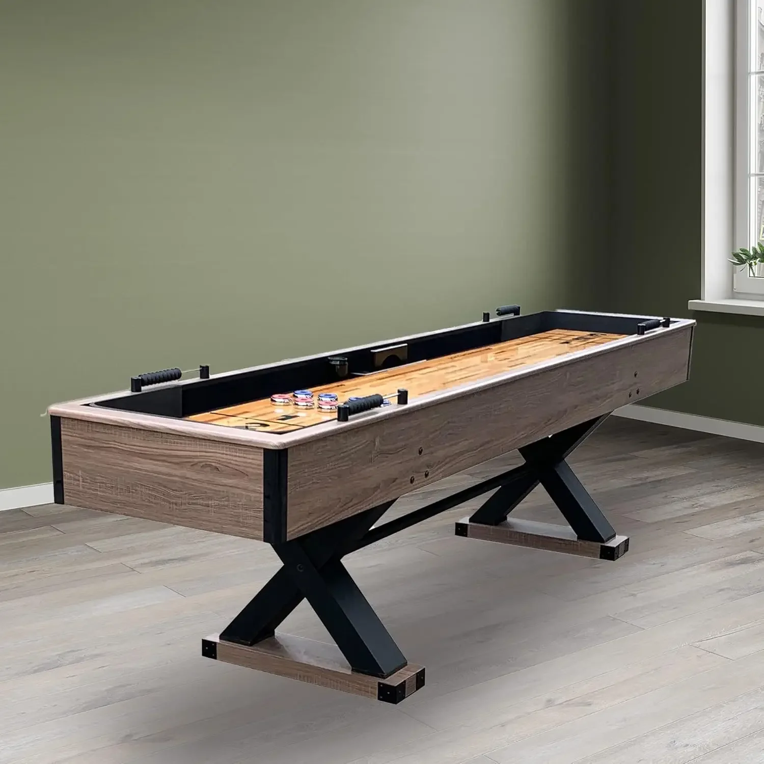 Hathaway Excalibur 9-Ft Shuffleboard Table for Great for Family Recreation Game Rooms, Designed with a Rustic Driftwood Finish w