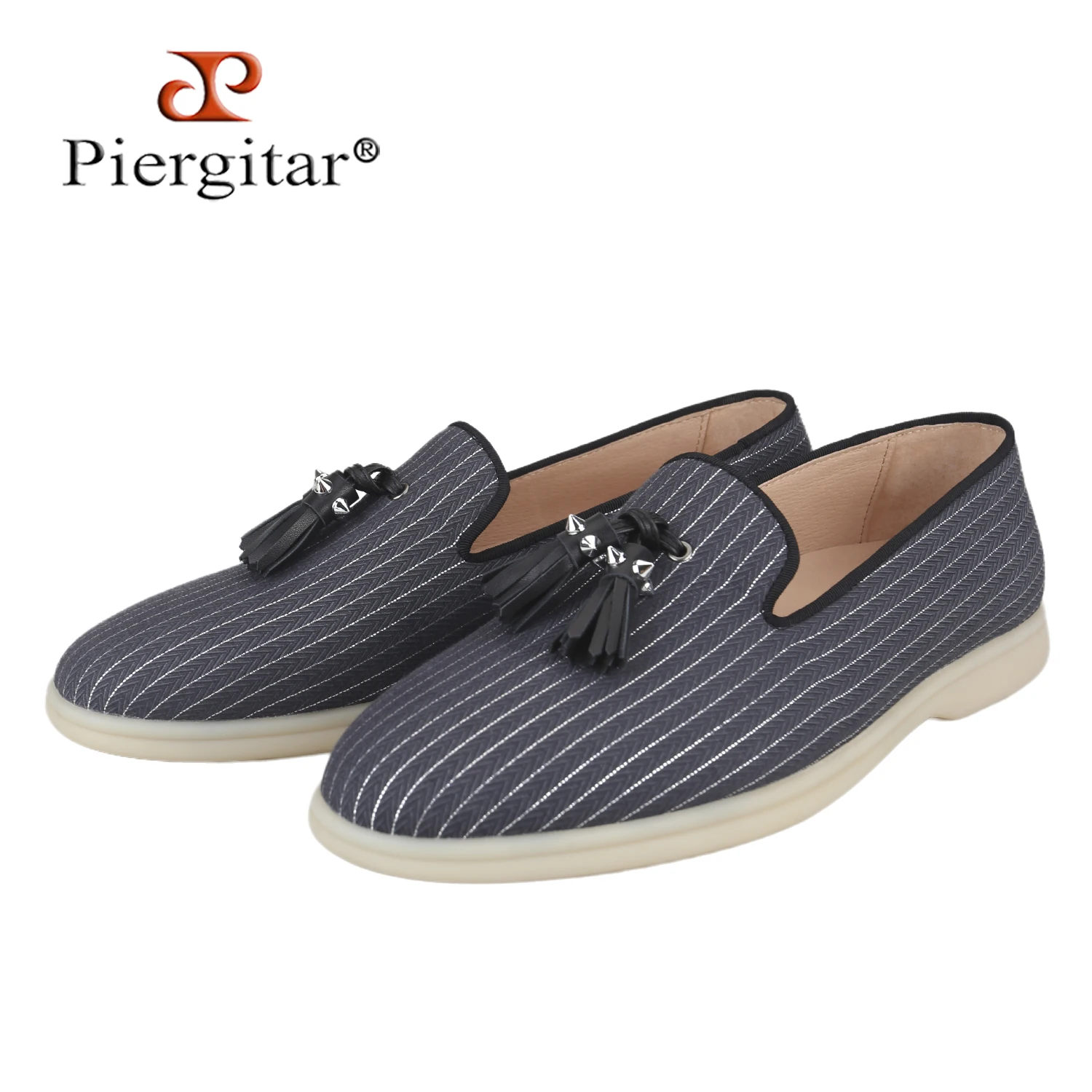 Piergitar Italian Luxury Style Gay Worsted Fabric Fashion Loafers With Handmade Studs Of Tassels Men’s Slip-On Summer Walk Shoes