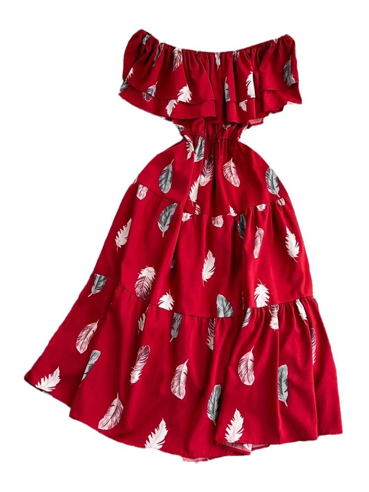 ジェントルブリーズ ワンショルダー 肩露出ヘムライン 痩身 Aライン プリント ドレス ビーチ バケーション マキシスカート 韓国風 半袖