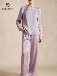 BirdTree, 6A 100%Mulberry Silk Pajamas Set, Women Long Sleeve Top Pants, Jacquard Soft Sleep Home Clothes, Summer Fall S48309QC