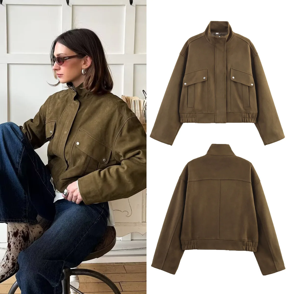 

Autumn Women Bomber Jacket Spring Thick Faux Suded Jacket Long Sleeve Stand Loose Coat Female Pockets Oversize Crop Top Y2K