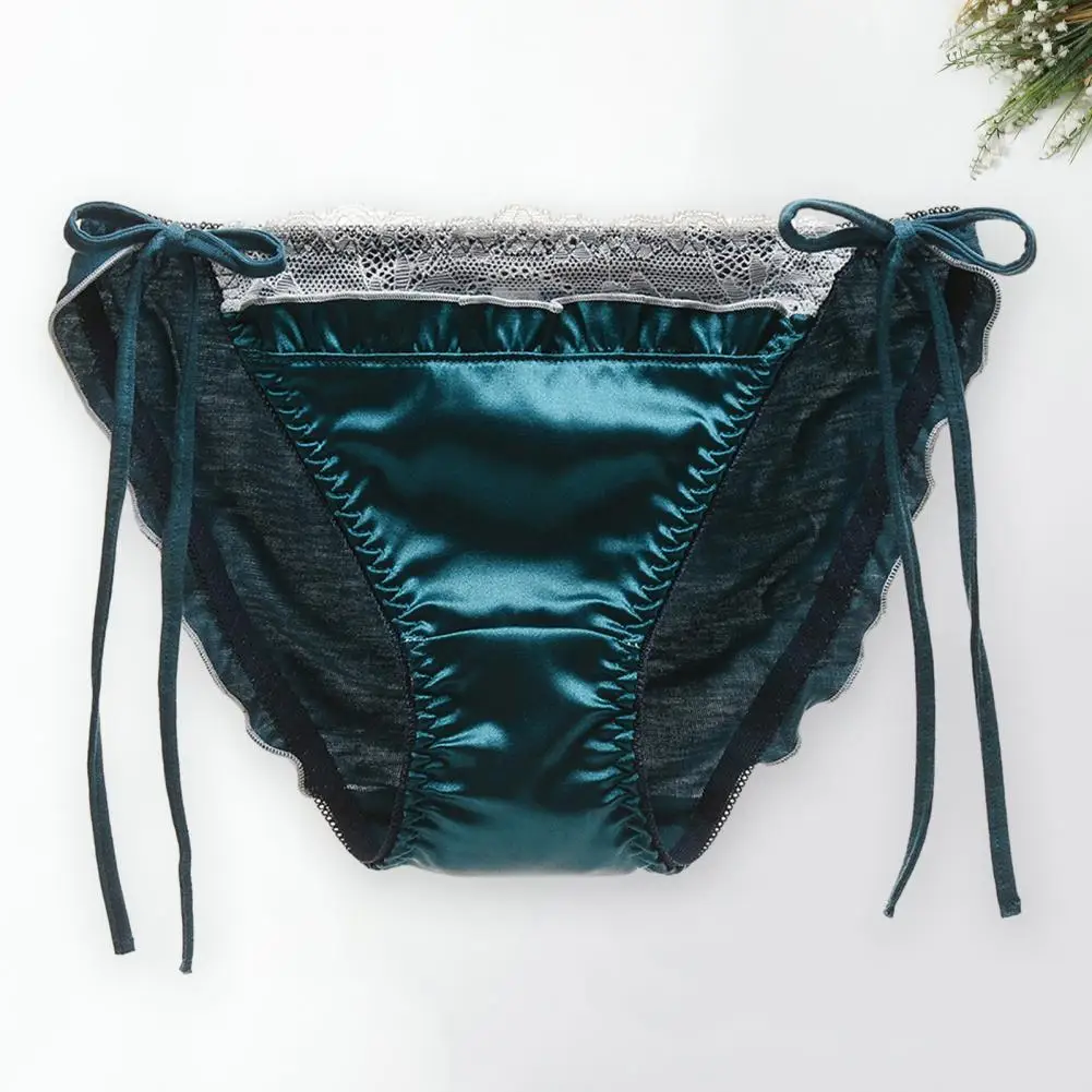 Women Panties Lace Patchwork Lace Up Seamless Satin Breathable Anti-septic Mid Waist Soft Shirring Intimate Underpants Lady Unde