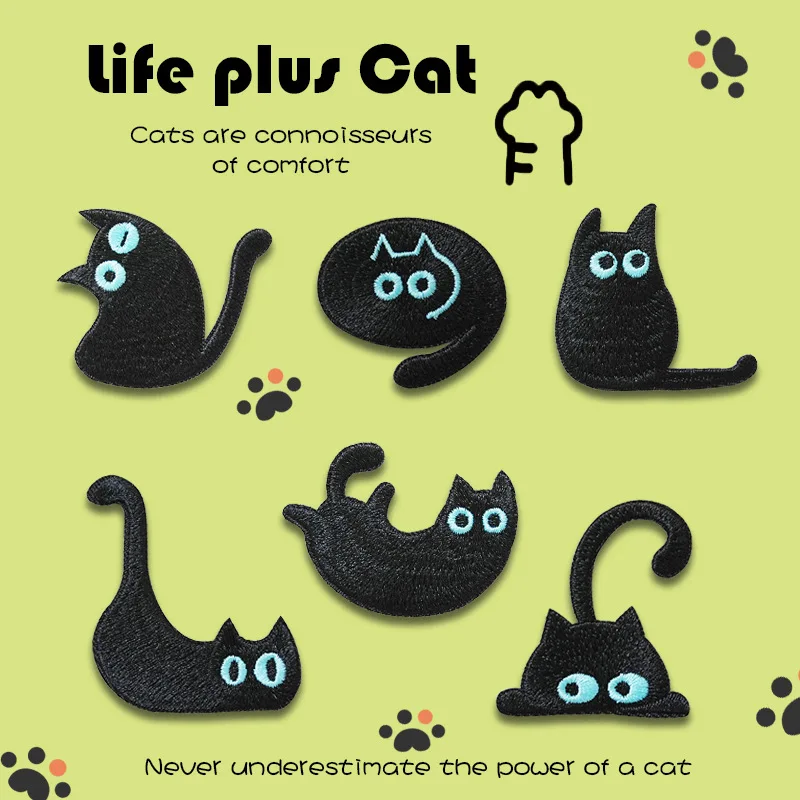 Cute Blue Eyed Black Cat Self-adhesive Embroidery Patch Handmade Accessories DIY Applique Decorative Phone Stationery Hand Books