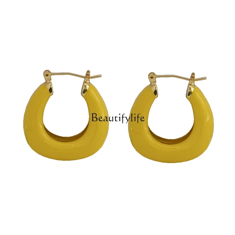 

Summer fresh yellow enamel U-shaped earrings earrings women's retro temperament advanced sense niche earrings