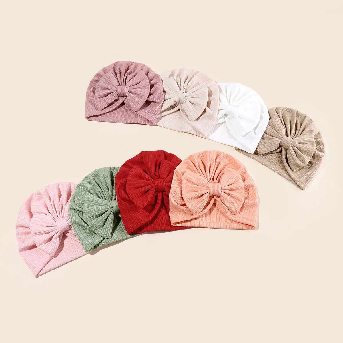 8Pcs Set Baby Girls\' Monochromatic Knotted Beanie, Large Bow Turban, Infant Beanies, Outdoor Bonnet, H472