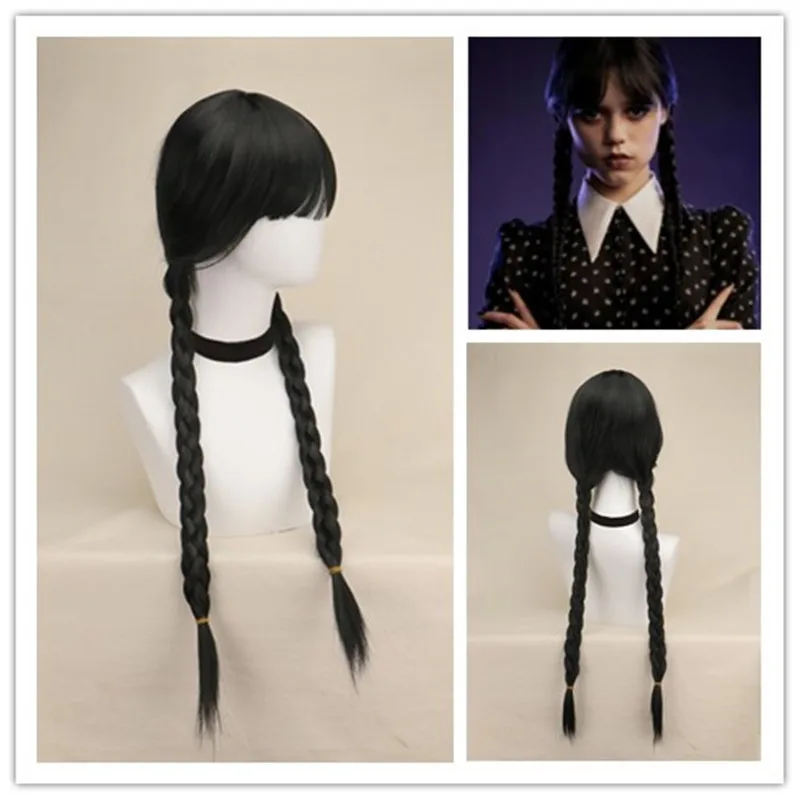 

1 piece of black double Fried Dough Twists braid Bobo head The Adams family role play wig on Wednesday