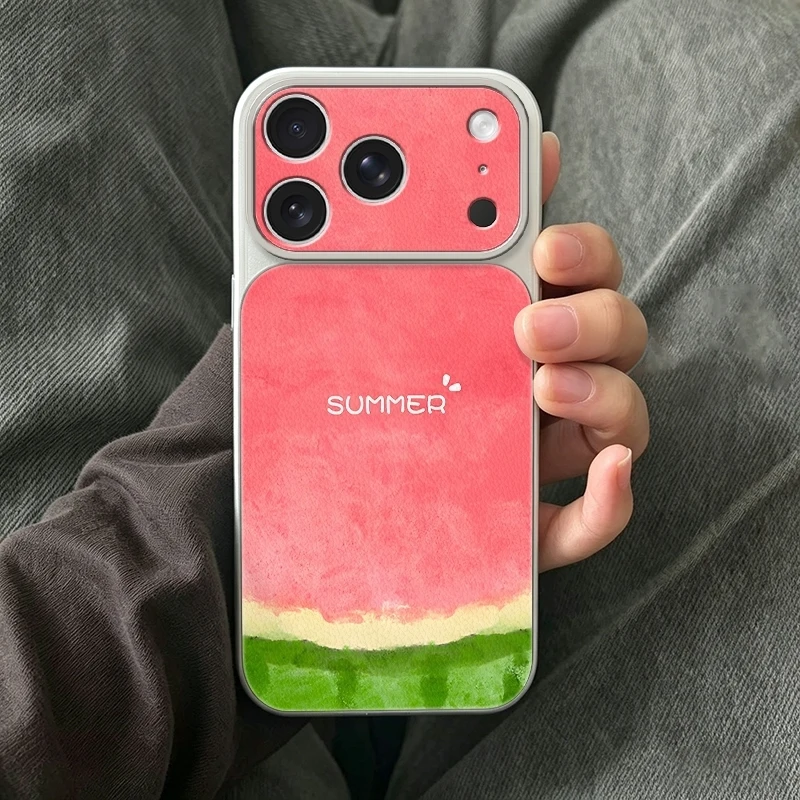 Summer Watermelon Change Large Window Phone Cover Case for iPhone 17 16 15 14 13 12 11 Pro Max Xs TPU+Artificial Leather Texture