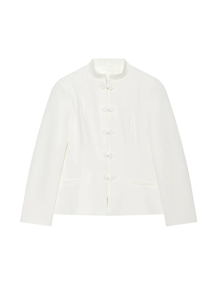 TFMLN New Women Stand Collar Blazer Elegant Slim Waist Single Row Button Chinese Style Jacket Solid Simple Female Outerwear