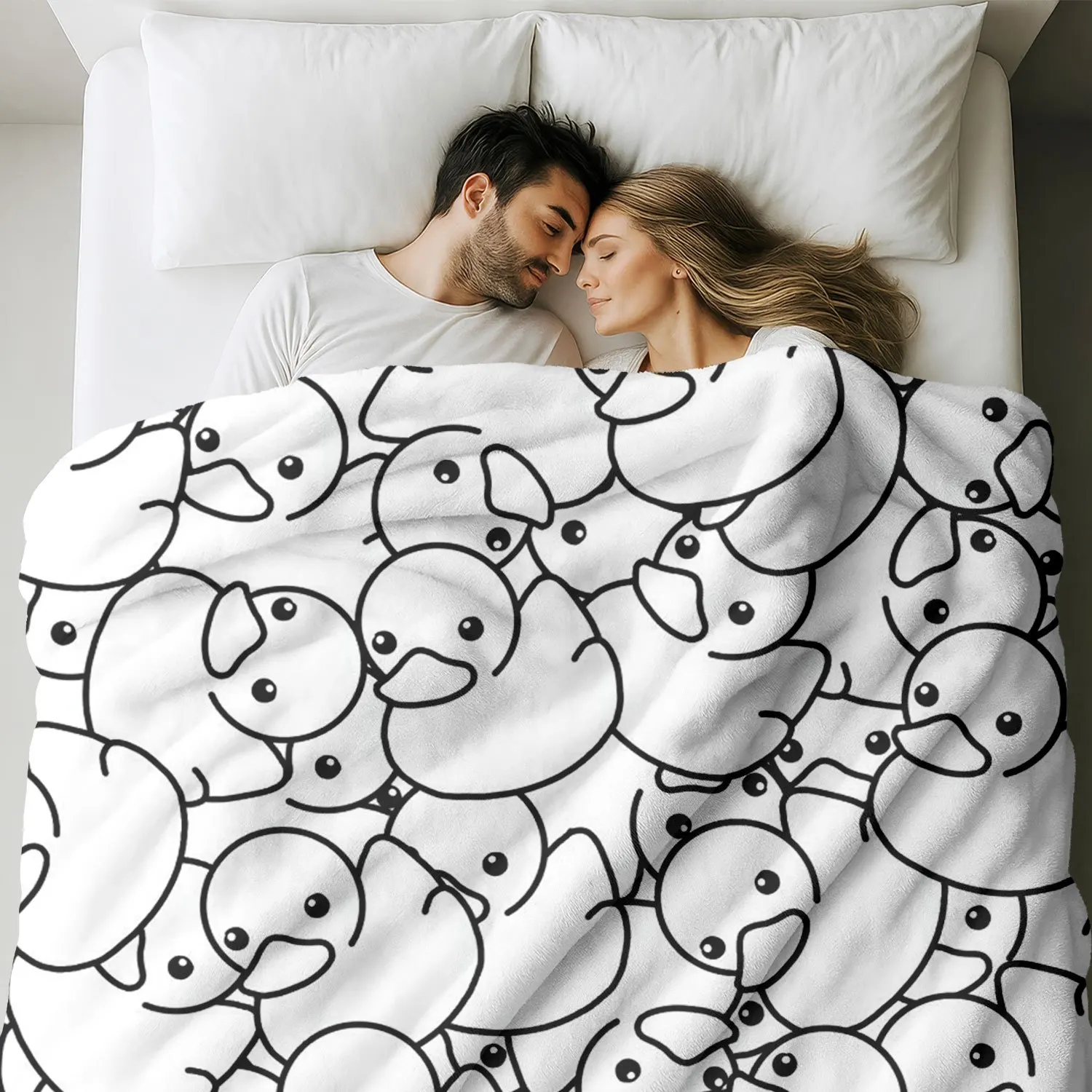 1pc Hand-Drawn Stacked Duck Black And White Coloring Style Flannel Blanket, Minimalist Cartoon Full Print Pattern, Dense Fabric