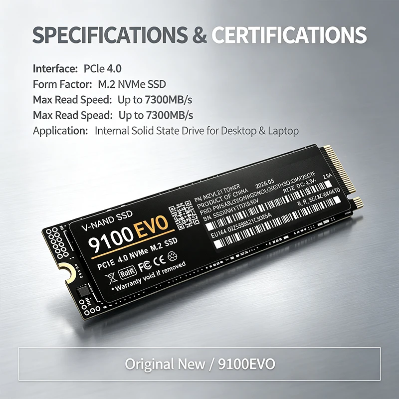 Original 9100 EVO SSD M.2 2280 NVMe PCIe, 500GB-4TB, 7300MB/s Read, TLC 3D NAND, Internal Drive for Desktop & Laptop Gaming.