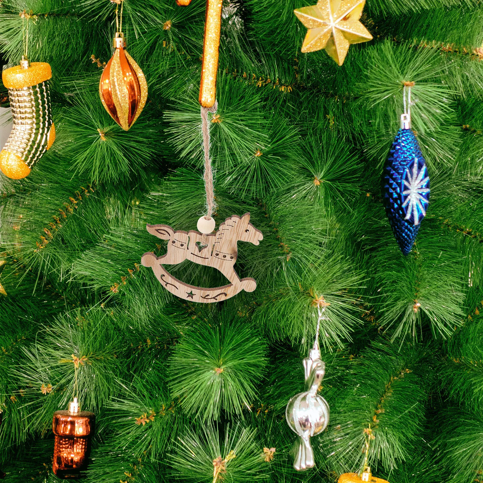 

6Pcs Creative Wooden Pendants Rocking Horse Christmas Ornament Hollow Xmas Tree Hanging Decor for Holiday Celebration