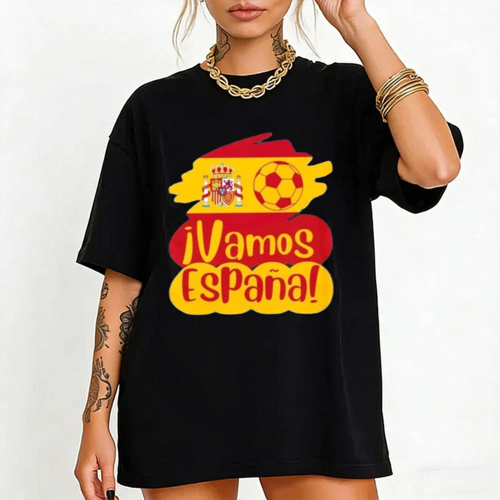 Spain Football Fan Cotton Tshirt Vamos Espana Brush Flag Soccer Crest Printing Unisex Tee Trendy Sports Fan Casual Tops