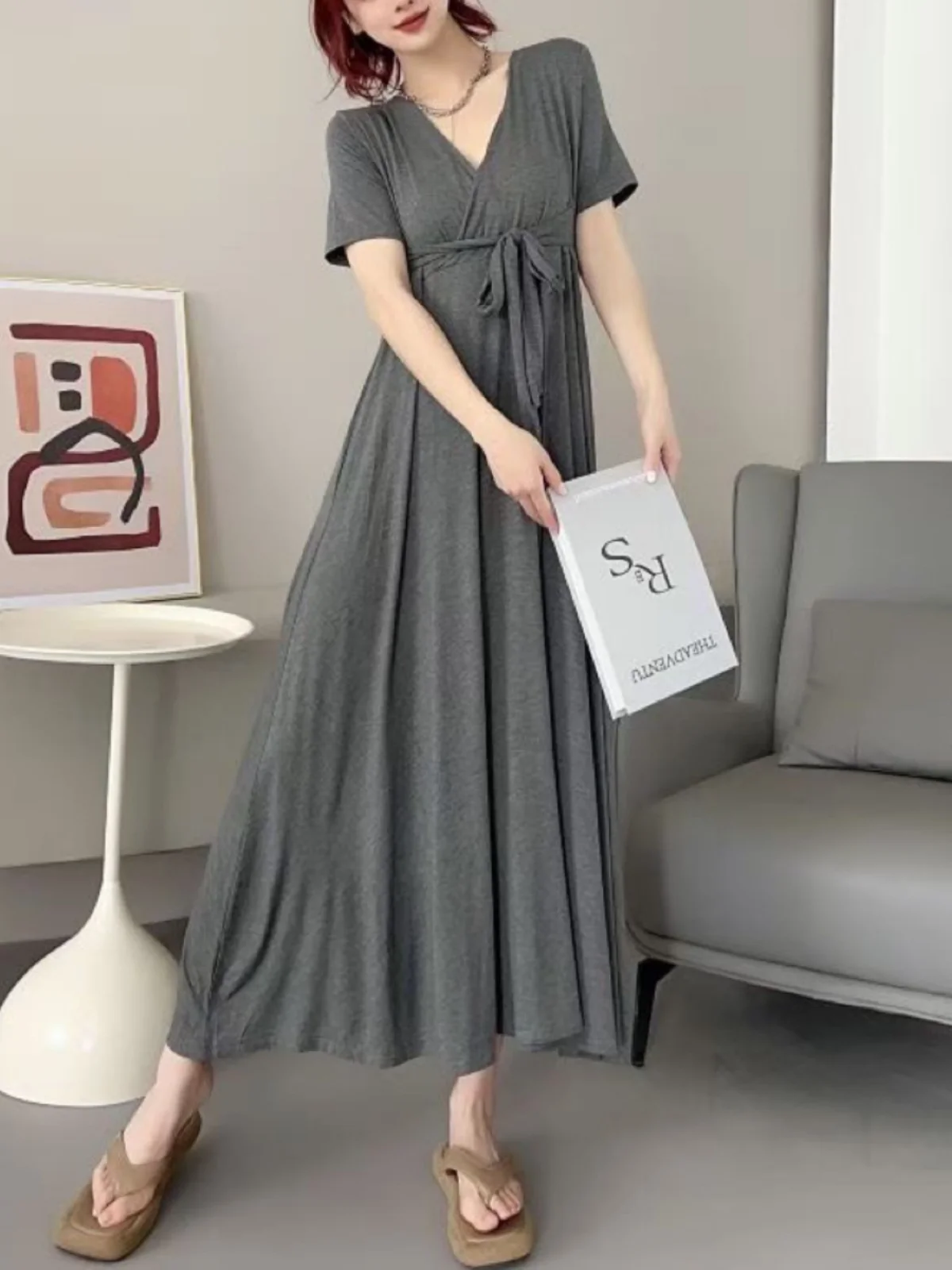 Ele coupe basse v-ne Midi Dr été coréen Sle ample a-ligne ort Sve t-shirt Dr Modal coton taille haute jupe longue