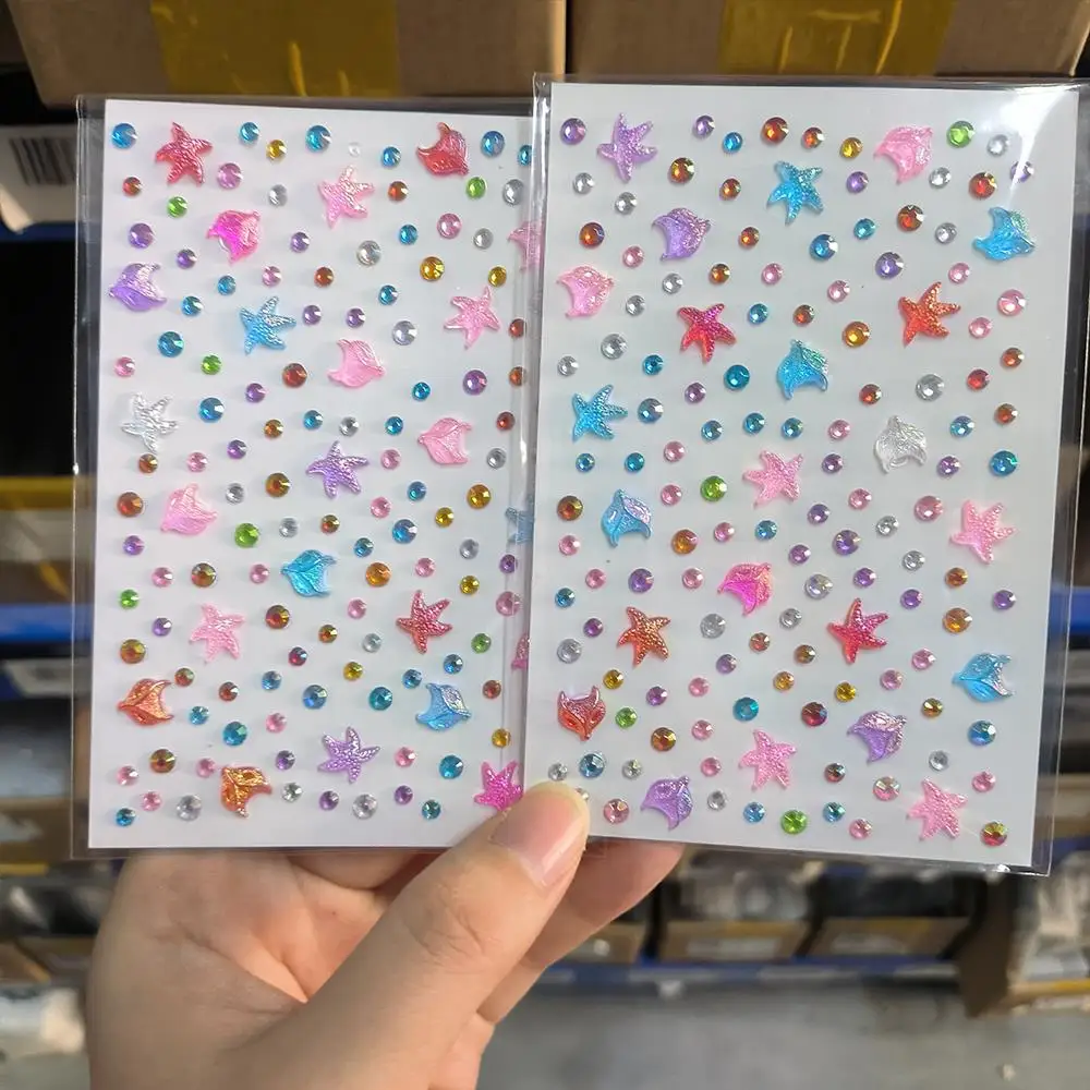 2Sheets Iridescent Star Round Face Jewels Tattoo Stickers Starfish Crystal Gems Fake Tattoo for Eye Body Makeup Rhinestone Decor