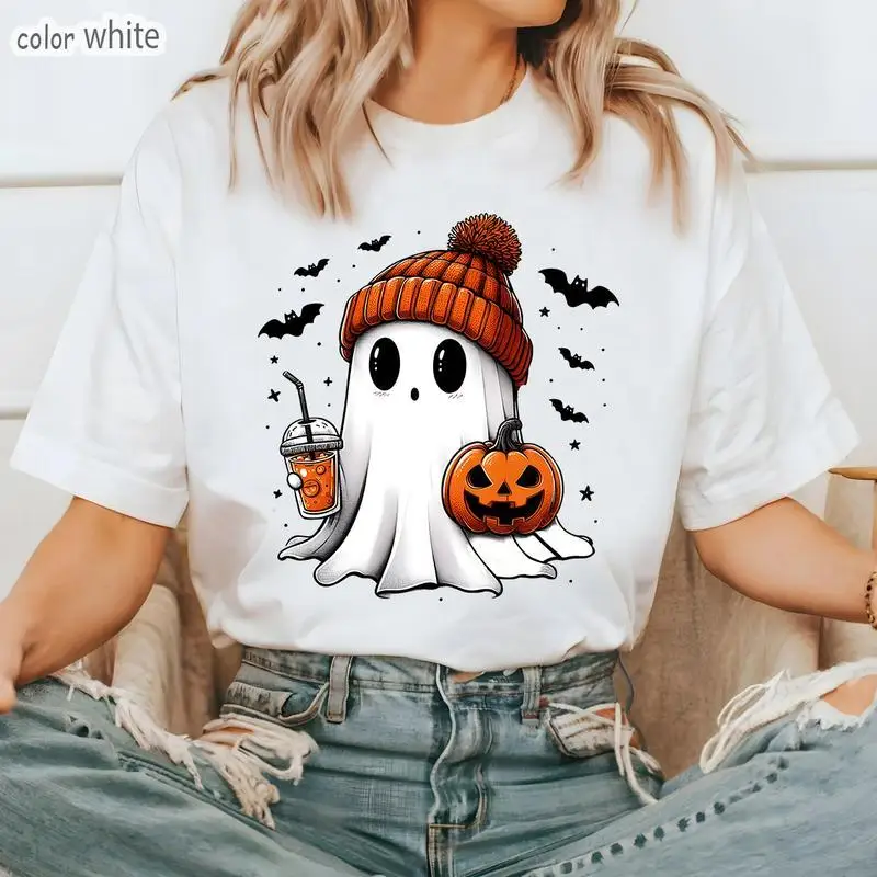 

Cute Ghost Graphic T-shirt for Women Funny Pumpkin Latte Halloween Tees Spooky Season Loose Tops