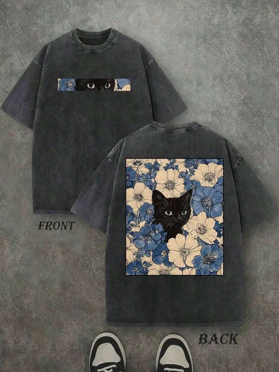 

Retro Washed Cotton T-Shirt Double Sided Print Cat In Flowers Men Casual Street Style Tee