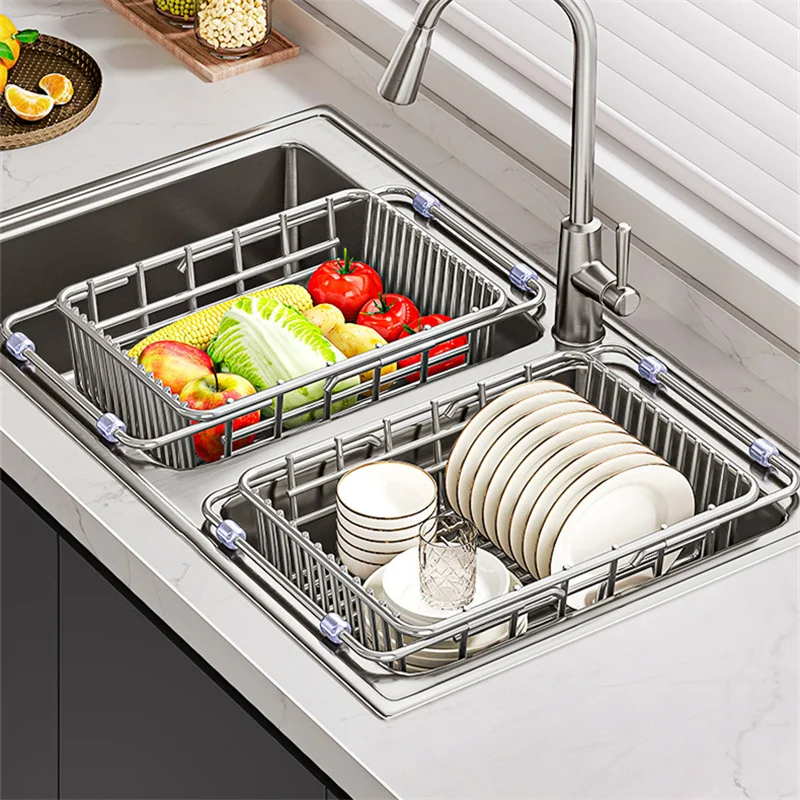 

Retractable Sink Drain Rack Multi-functional Stainless Steel Drainage Basket Kitchen Storage Holder Vegetable Washing Baskets