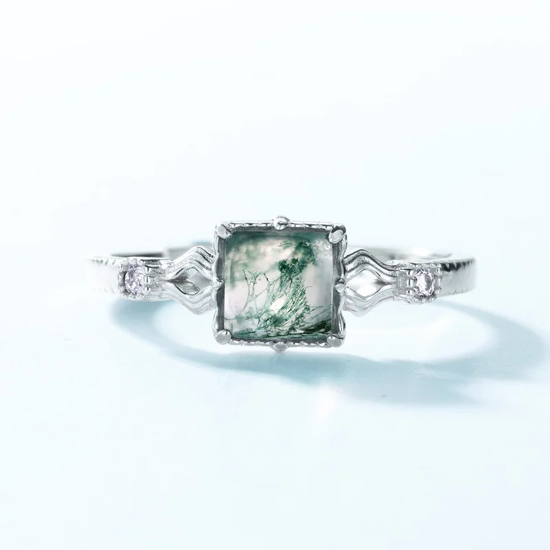 

Fashion Natural Texture Uniform Small Sugar Cube Green Moss Square Couple Ring For Women 925 Silver Wedding Gift Jewelry
