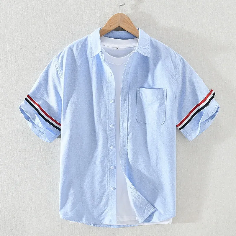 100% Pure Cotton Oxford Shirt Short Sleeved Men's Clothing Loose Casual Square Neck White Youth Shirt Spring Summer Tops