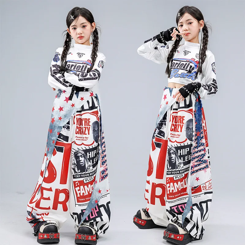 Kid Kpop Hip Hop Clothing White Print Long Sleeve Crop T Shirt Top Graffiti Dopamine Pants for Girl Street Dance Costume Clothes view 4