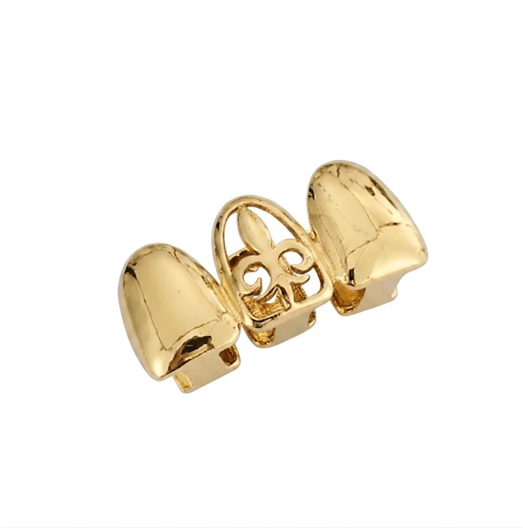 Upper 3‑Tooth Fleur‑de‑lis Hollow Grillz Gold Plated Hip Hop Teeth Caps Men Women Rapper Jewelry Bulk Supply