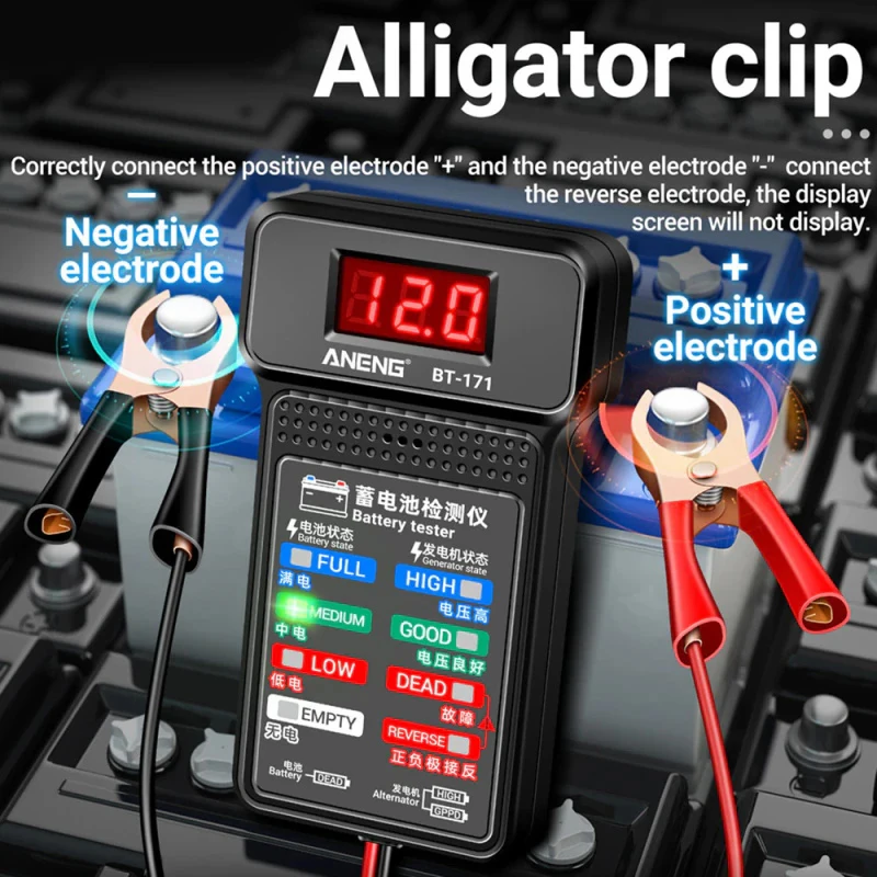 BT-172 12V Digital Battery Tester Car Battery Indicator with Alligator Clips LED Battery Status Indicator Diagnostic Tools