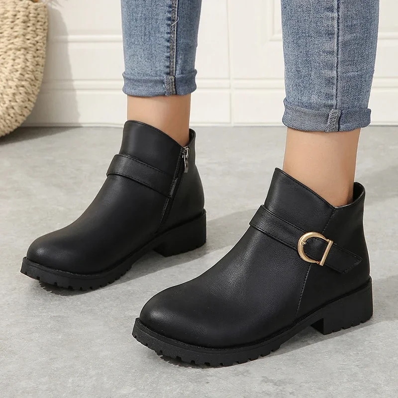 Ladies Shoes on Sale 2024 New Western Boots Female Round Toe Solid Color Ankle Boots PU Fall Boots Women\'s Ankle Boots Plus Size