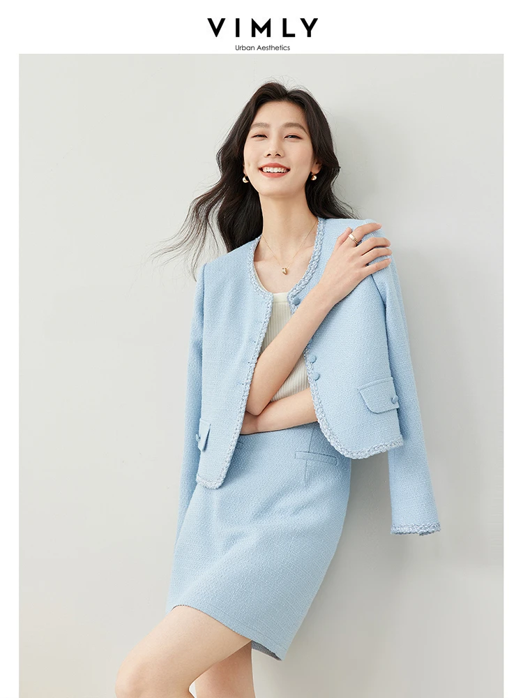 Vimly Light Blue Elegant Tweed Sets for Women 2 Pieces O-neck Cropped Jacket A-line Mini Skirt 2024 Spring Matching Sets M6675