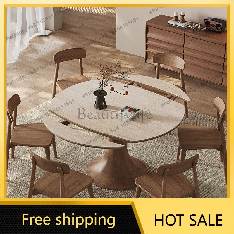 Factory Direct Sales Medieval Travertine Slate Round Table Modern Simple Solid Wood Square and Circle Dual Use