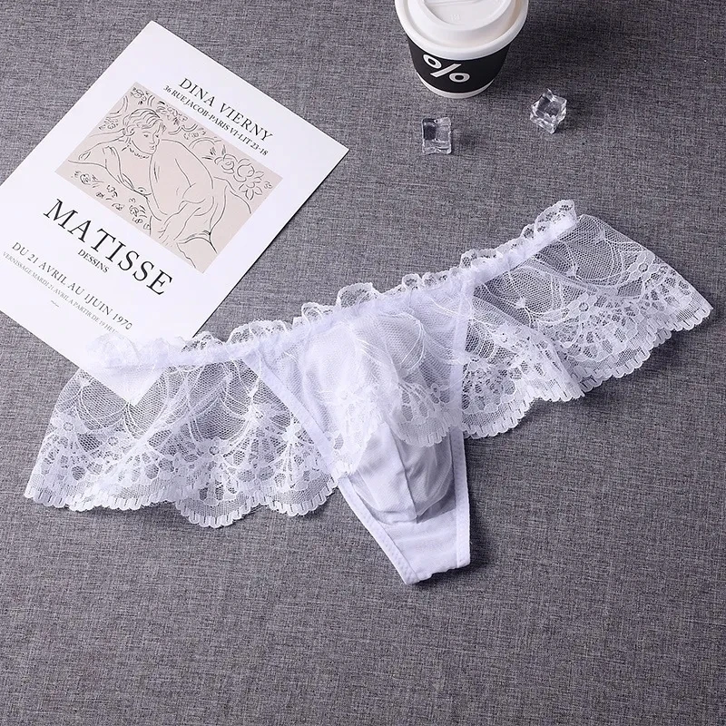 

2pcs per pack Man's Sexy Lace Hem Low Waist Half Sheer Panties Briefs Live Show Dance Costumes Private FKK Party