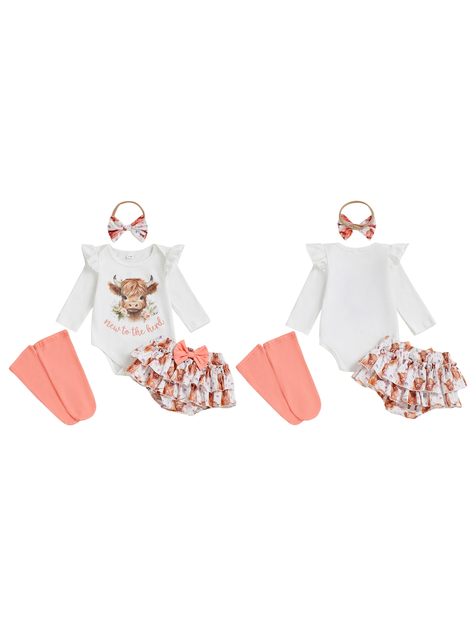 

Toddler Girl 3-Piece Outfit Set with Floral Printed Romper Ruffled Skirt Headband and Matching Stockings for a Stylish Look