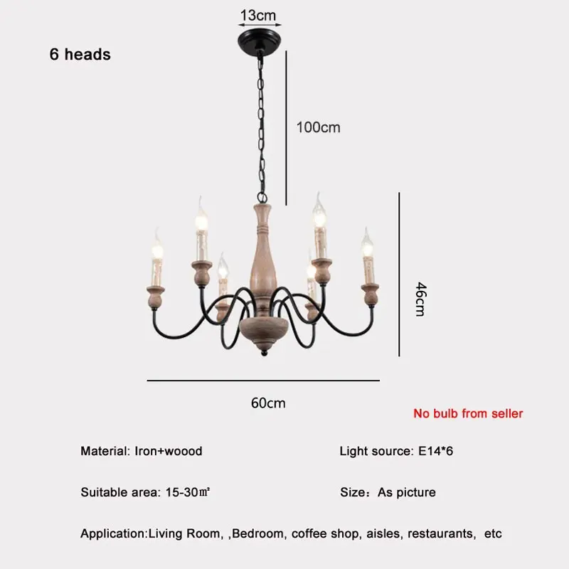 American Vintage Pendant Lamp Solid Wood  Dining Room kitchen Bedroom Light Creation Home French Style Candle Light Chandelier