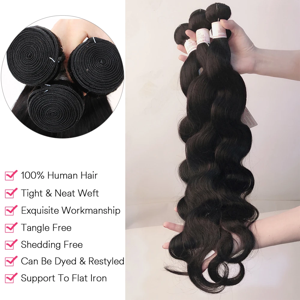 Body Wave Bundles 10-30 Inch Human Hair Extensions 100% Natural Body Wave Human Hair Weave Bundle 50g/Pcs Natural Black