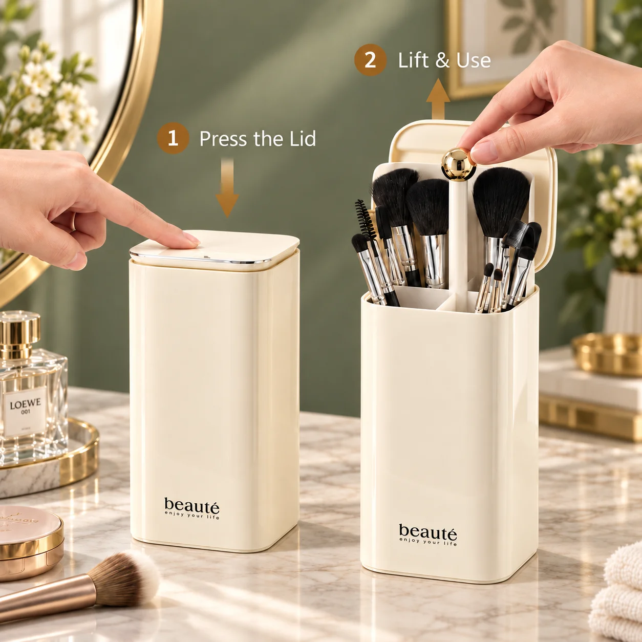 Makeup Brush Organizer Automatic Lifting Four Compartment Cosmetic Brush Holder with Lid Vanity Desktop Storage Case for Brushes