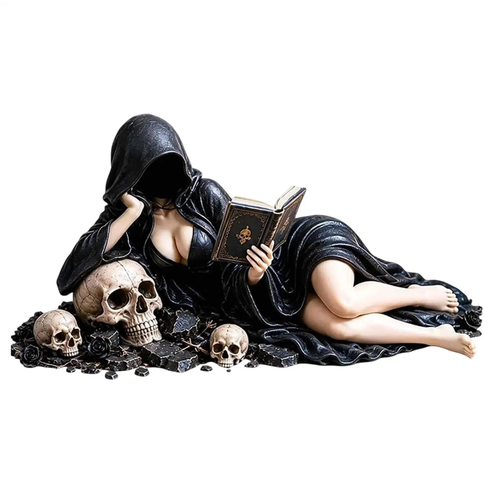 Gothic Hooded Reader Figurine Dark Academy Style lady reading book Bookshelf Decoration Dark Fantasy Reading Corner Decor