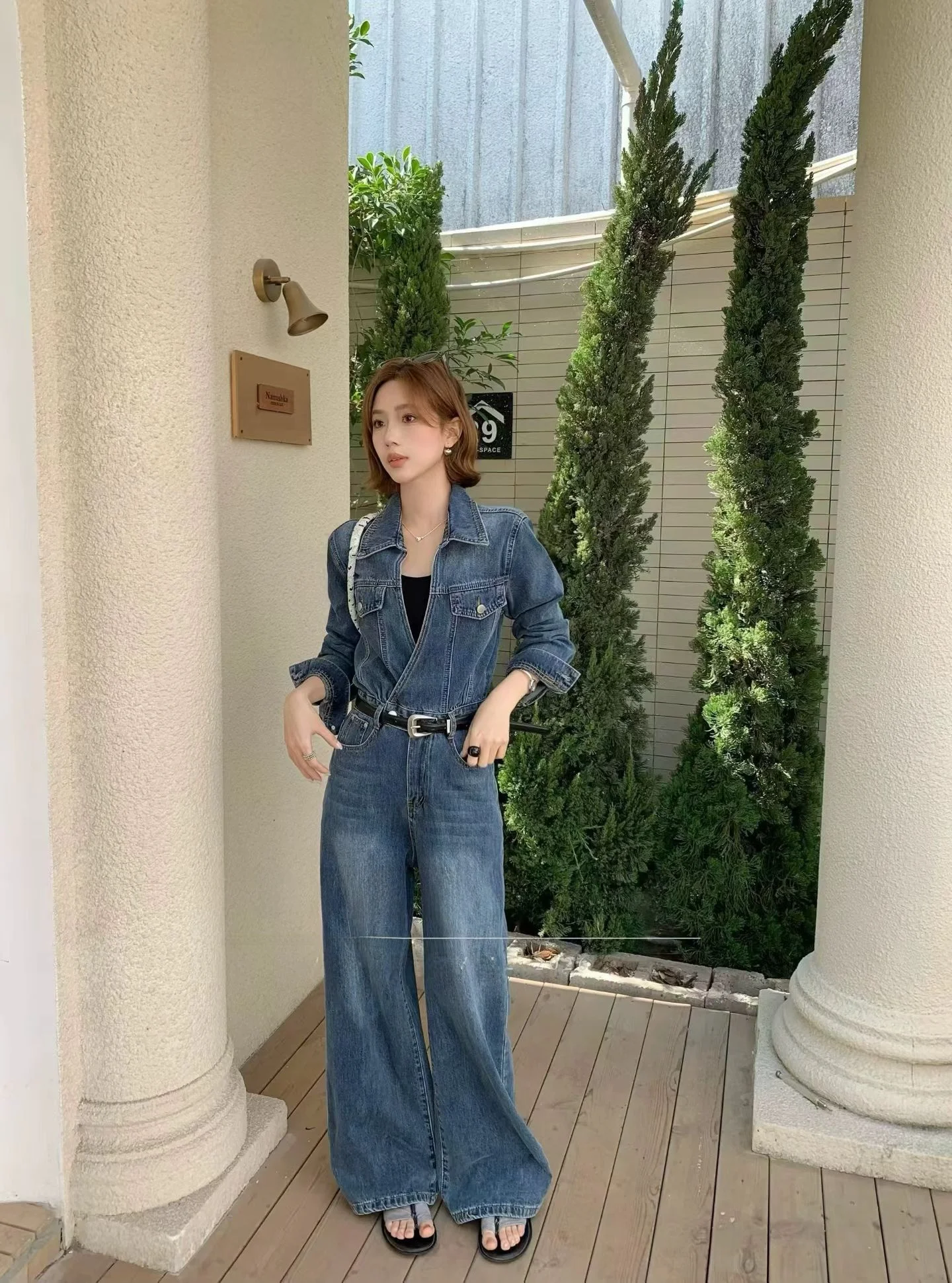 

Ele Korean Sle Women's Slim Fit ort Sve Denim irt Straight Leg Jumpsuit High Waist Long Pants Cotton Fabric