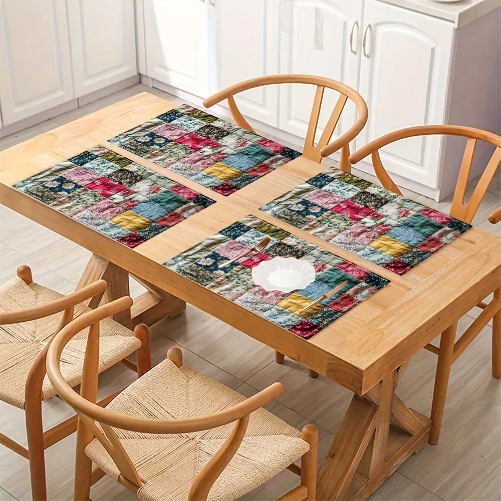 4‑Pieces Vintage Patchwork Placemat Set, Polyester Hand‑Wash Only Mats for Kitchen Party Holiday Indoor Table Decor