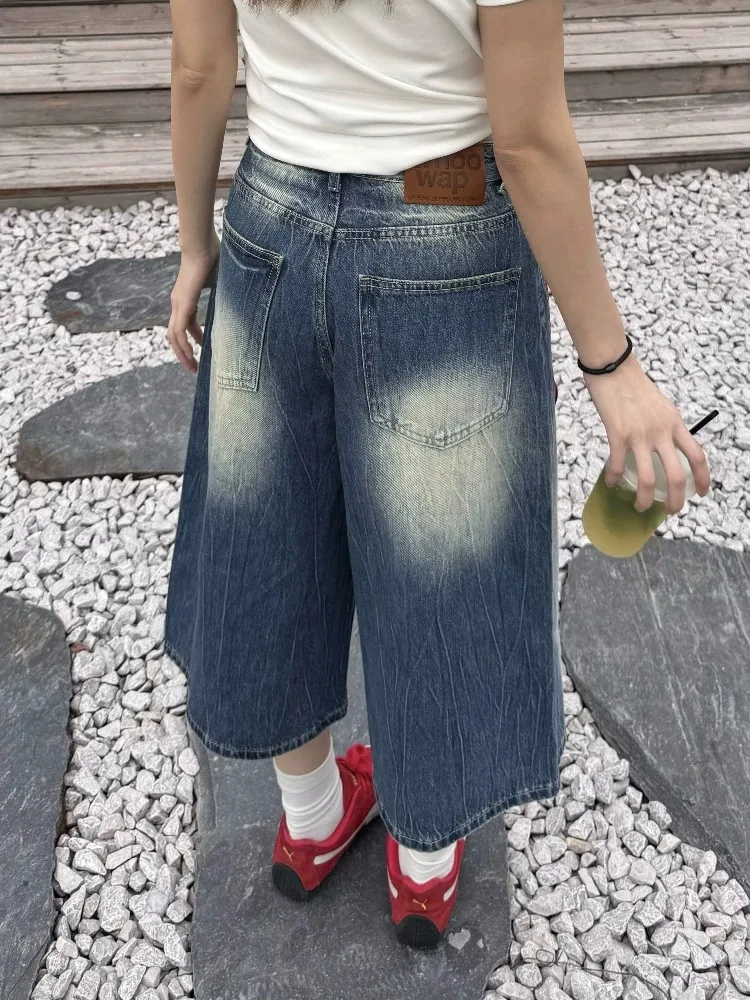 Retro American Washed Lightning Pattern Loose Jeans Women's Summer New Casual Pants High Waist Wide Leg Cotton Denim Jeans