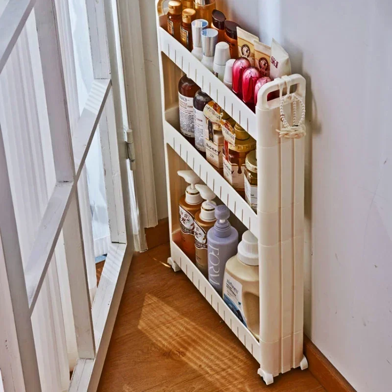 

Movable Seam Storage Trolley with Rollers, Narrow Kitchen Organizer Cart, MultiSize Bathroom Shelf, Toilet Storage Rack.