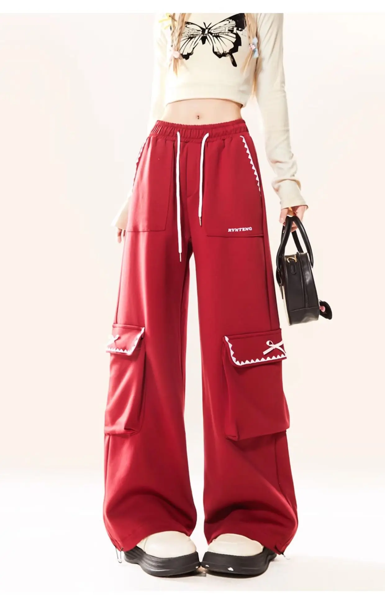 2024 Autumn Street Women's Trousers Red Casual Wide Leg Work Pants Fashion Versatile Retro Multi Pocket Loose Straight Pants