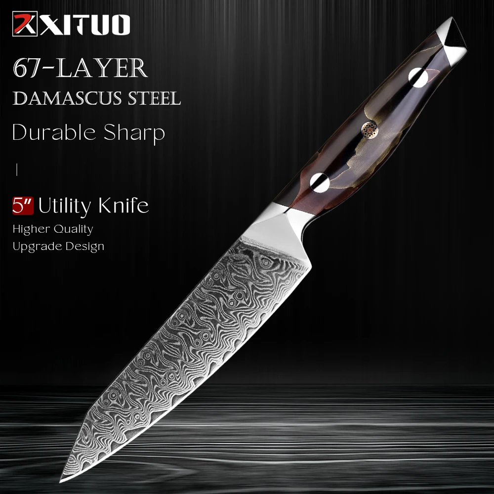 

Универсальный нож, кухонный 5-дюймовый нож шеф-повара из дамасской стали для очистки овощей, нарезки фруктов, овощей, ручки из медной платиновой смолы