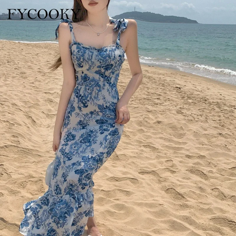 French Vintage Floral Straps Dress Women 2025 Summer New Fishtail Long Dress Ladies Elegant Ruffle Sleevless Dresses