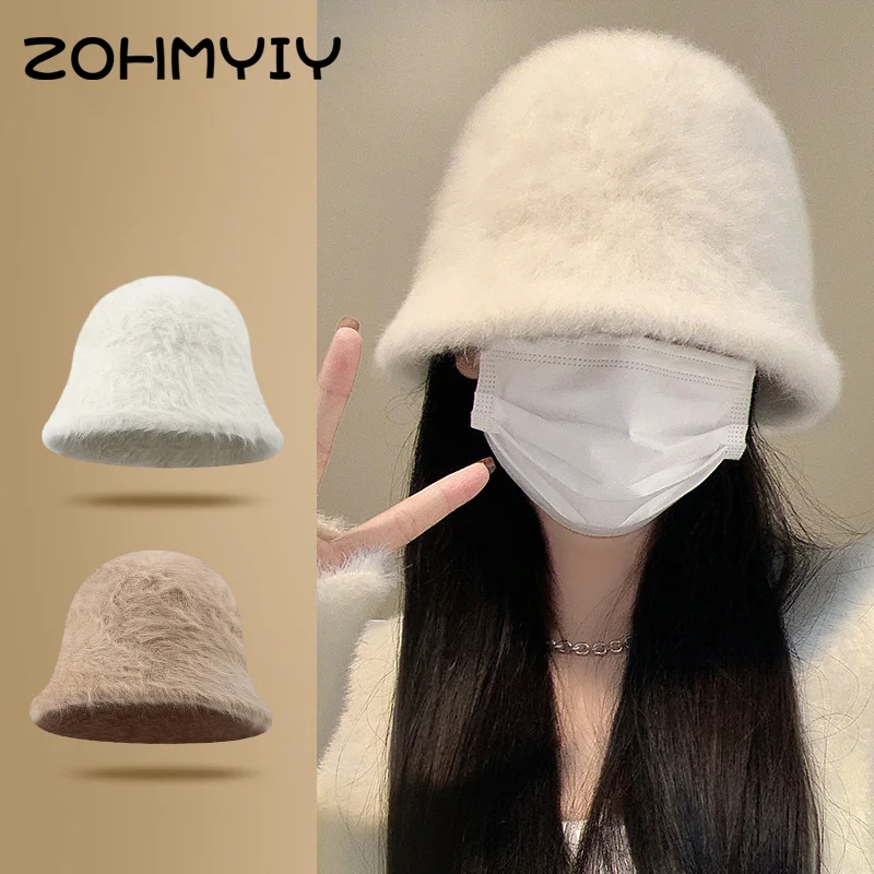 Rabbit Hair Fisherman Hat For Women Autumn-winter Basin Hat Head Round Plush Senior Sense Face Small White Bucket Hat For Women