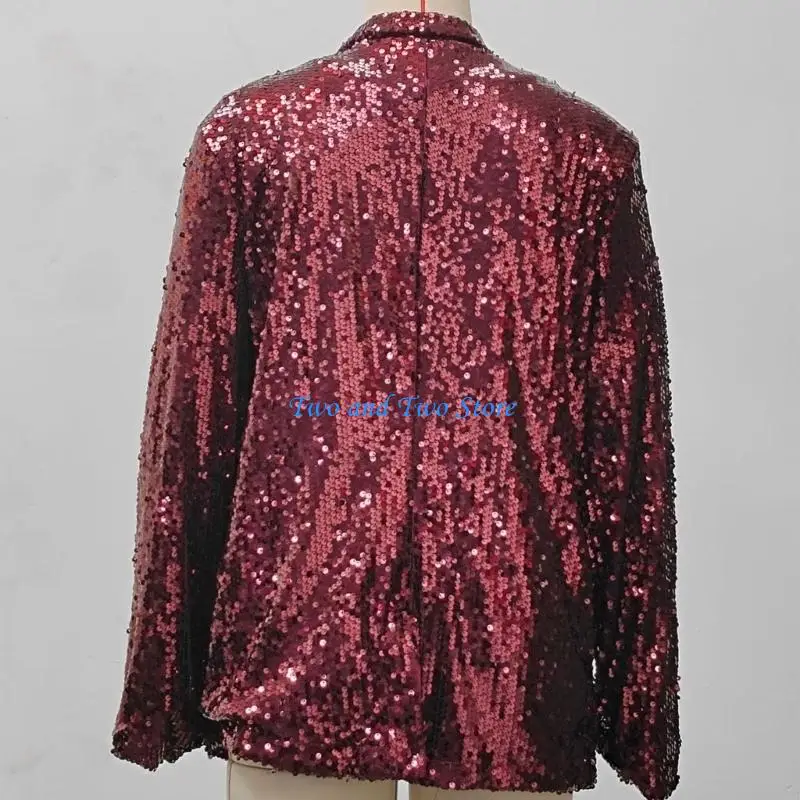 HX6F Women Sparkly Sequined Cardigan Elegant Long Sleeve Lapel Open Front Coat