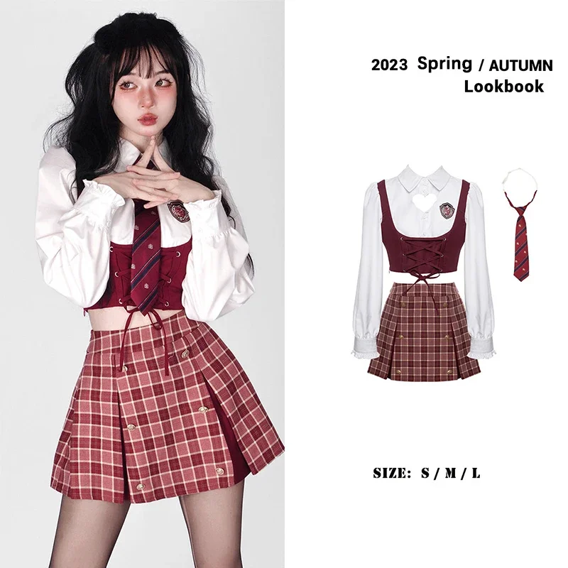 Britse Student Uniform College Nep Twee Shirt Jk Geplooide Mini Rok Dames Lente Herfst Club Outfits Sexy Korte Rok Sets