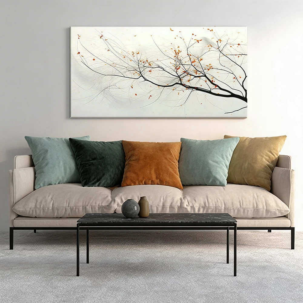 Impresión plana 2D, 1 pieza, pintura en lienzo de gran tamaño con diseño de hojas de otoño y ramas en niebla, para decoración de pasillos y dormitorios.