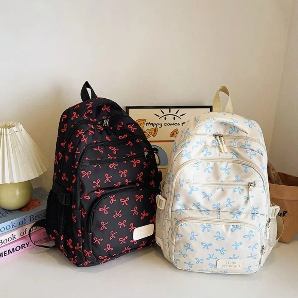 3 Pcs/Set Fashion Large Capacity Bow Backpack Nylon Bow Print School Bag Adjustable Strap Travel Backpack