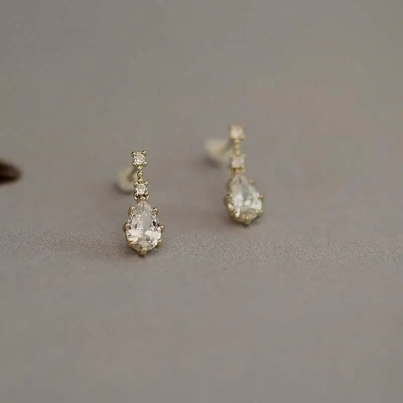 كوريا 925 فضة مطلي 14 كيلو أقراط الذهب رائع خمر Waterdrop الزركون أقراط للنساء مجوهرات رائعة #3